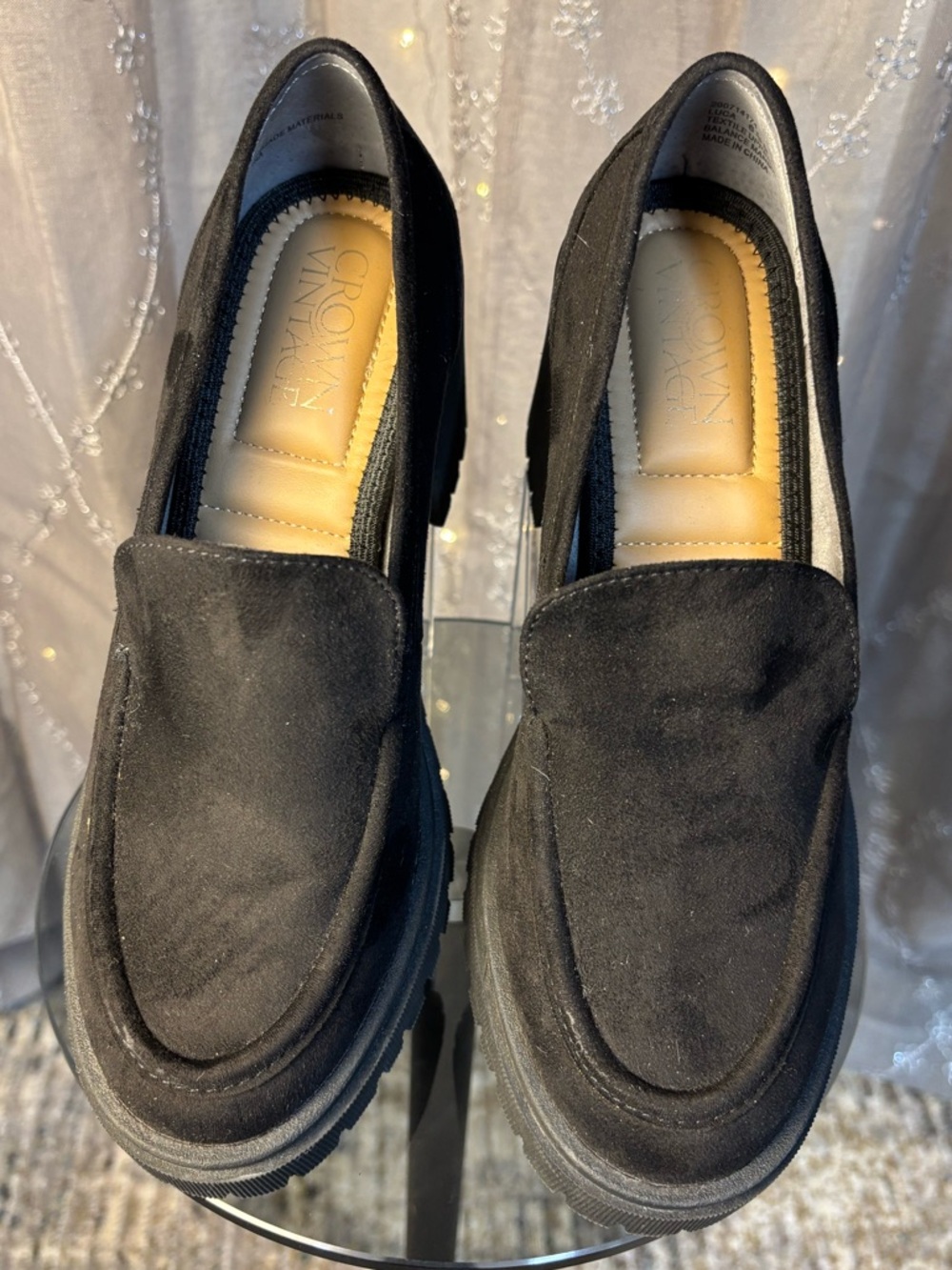Crown Vintage Women's Black Suede Slip-On Loafers